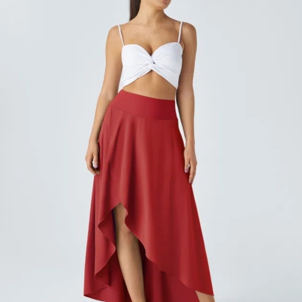 HALARA Red Asymmetrical High-Low Ruffle Maxi Skirt